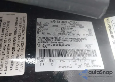 2008 Lincoln Navigator z USA, uszkodzony, nr VIN 5LMFU28588LJ05267